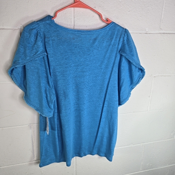 Chicos Tranquil Turquoise Blue Linen Short Tulip Sleeve Tee Tshirt New - Picture 4 of 11